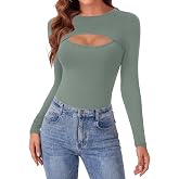 Vrtige Women's Cut Out Front Sexy Going Out Tops | Round Neck Long Sleeve Slim Fitted Cute Tee Trendy Blouse T-Shirts
