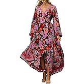R.Vivimos Women's Boho Floral Print Maxi Dress V Neck Long Sleeve Elastic Waist Casual Flowy Slit Long Sundress