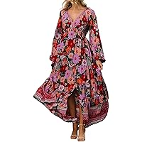 R.Vivimos Women Chiffon Print V Neck Long Sleeve Tie Waist Casual Boho Maxi  Dresses (Small,Green) at Amazon Women's Clothing store