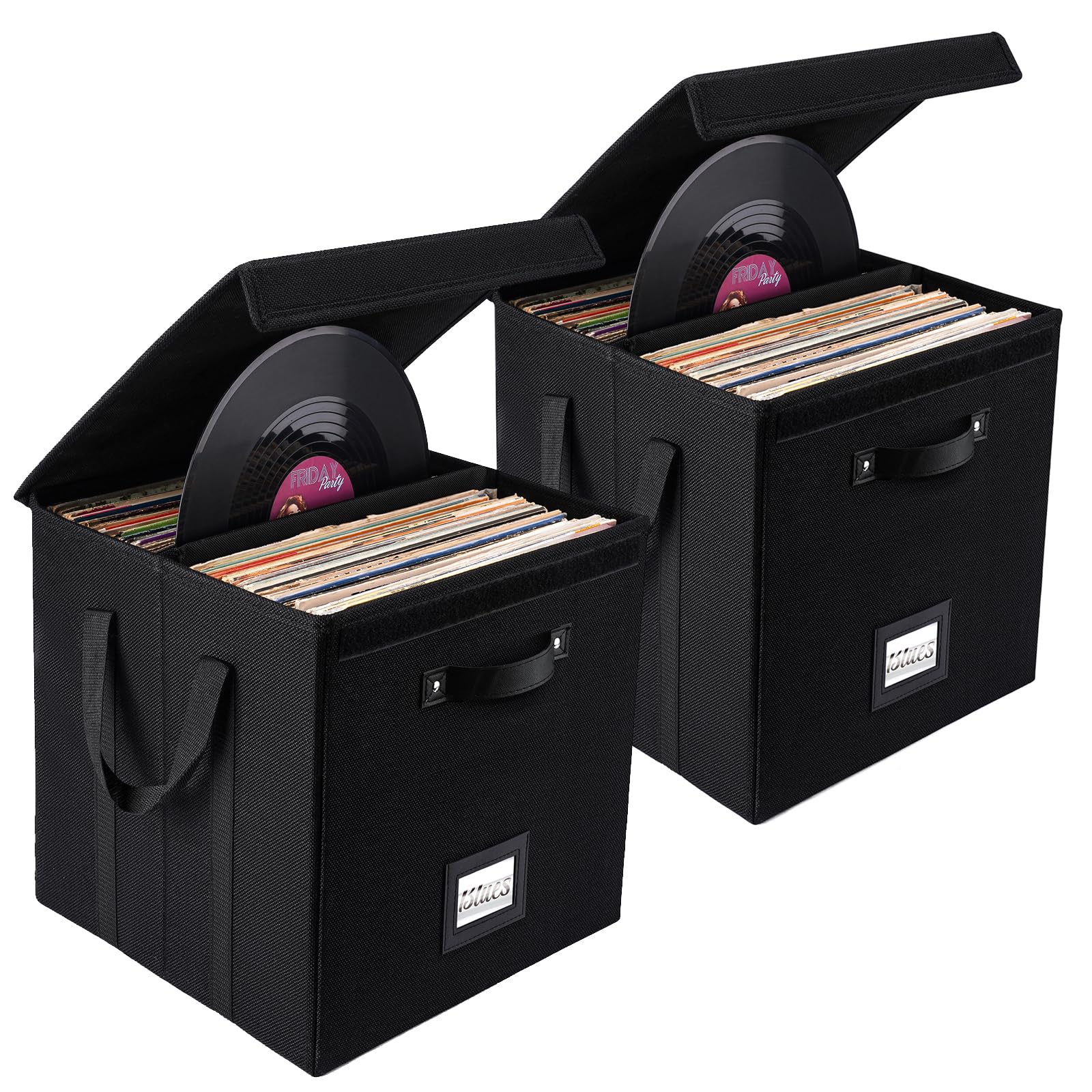 Photo 1 of Homward Vinyl Record Storage Box - 13 Inch Linen Fabric Case for 120+ LP Albums, Stackable & Collapsible Organizer Crate Cube Bins with Lid, 2 Pack