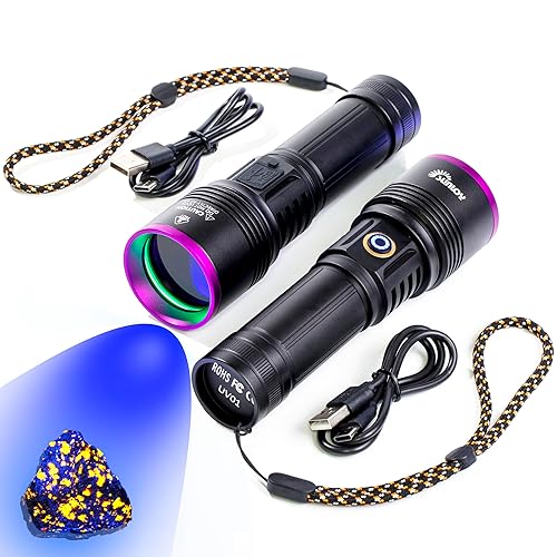 2 Pack UV01 365nm UV Flashlight Black Light, USB Rechargeable High Power Blacklight Flashlight, Professional 4 Core LED UV Light for Pet Urine Detection, Resin Curing, Leak Detection, Rock Hunting