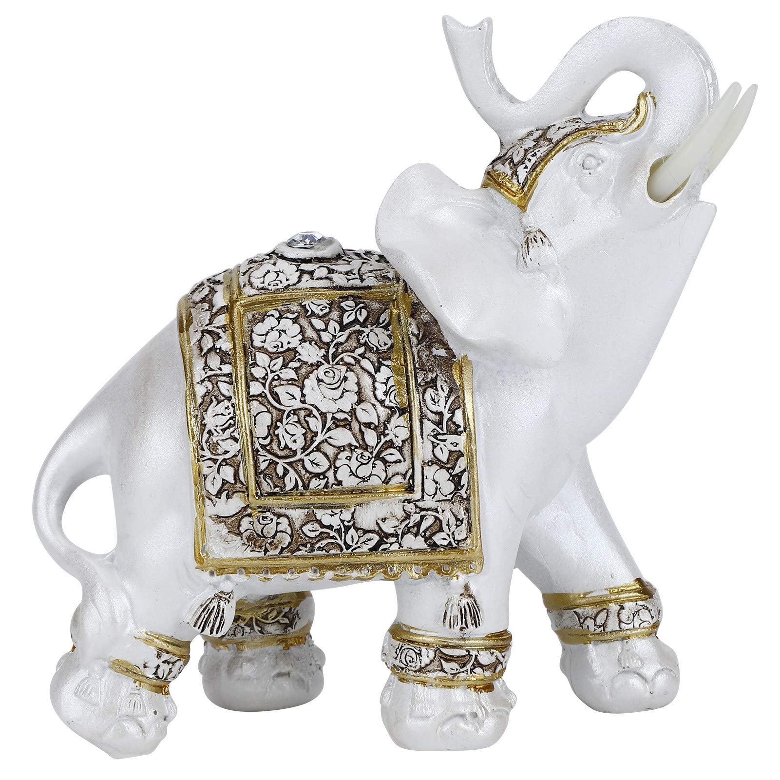 Buachois Lucky Elephant Figurine Elegant Statue Resin Feng Shui Sculpture Wealth Elephant Ornament with Trunk Facing Upwards for Home Office Decoration Gold Flower Porcelain M