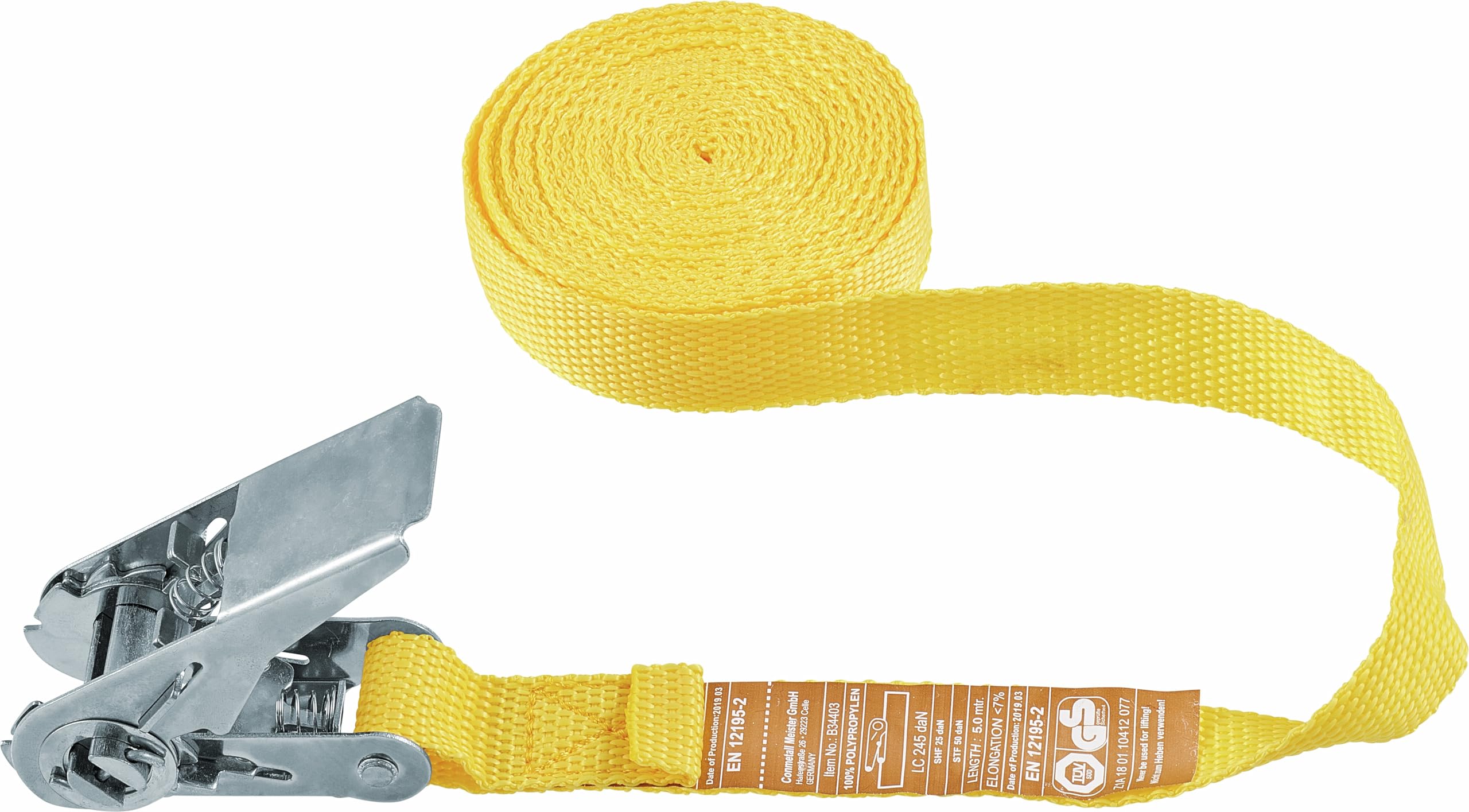 CONNEX B34403 Fastening Strap w. Ratchet 25mmx5m, Yellow, 5 m x 25 mm