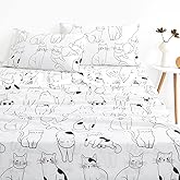 Wake In Cloud - Cats Bed Sheets, 100% Cotton, 4-Piece Sheet Set, Cute Cat Kitty Kitten Animal Drawing Pattern Printed Bedding, Deep Pocket, White Black, Queen Size