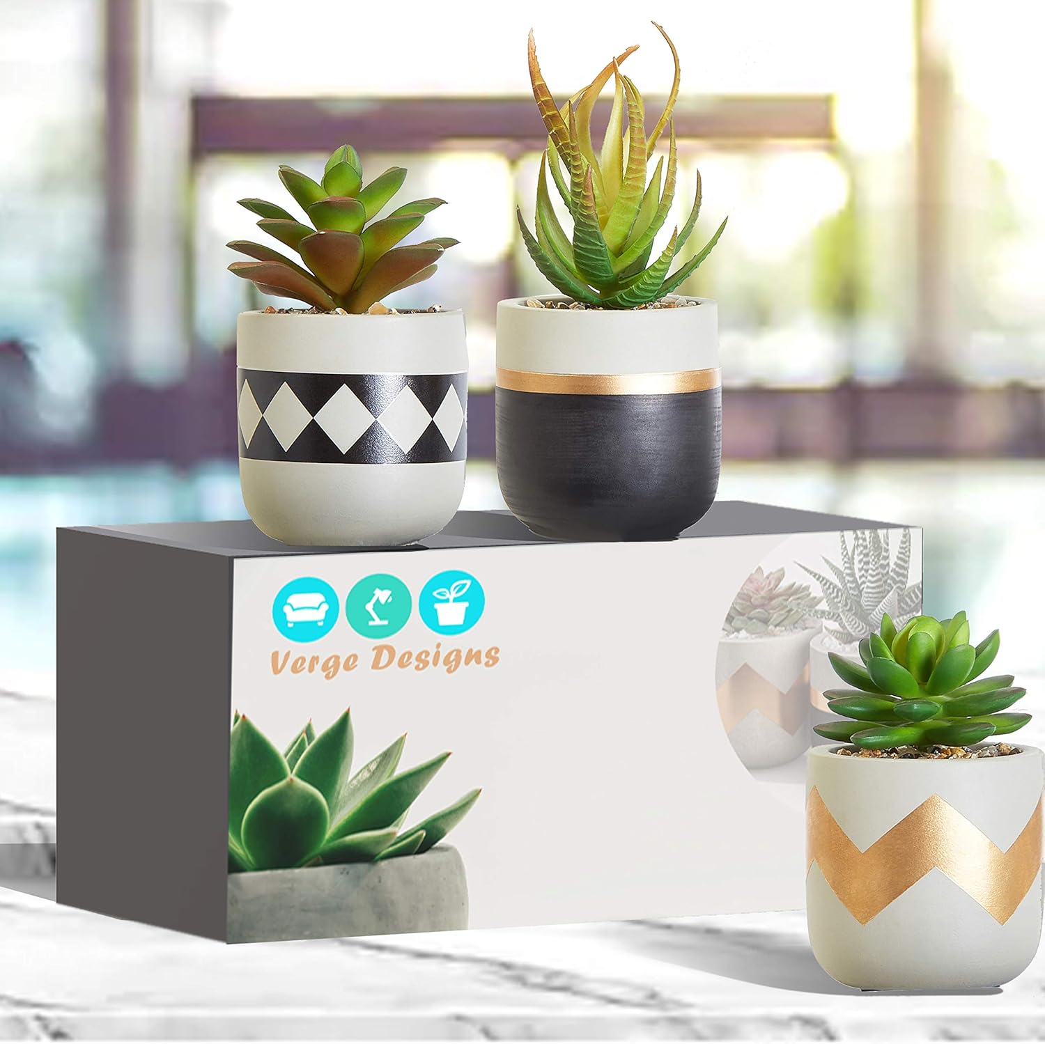 Verge Designs Gorgeous Succulent Pots, Set of 3, with Small Decorative Artificial Plants 8cm, Housewarming Gift - Image 3