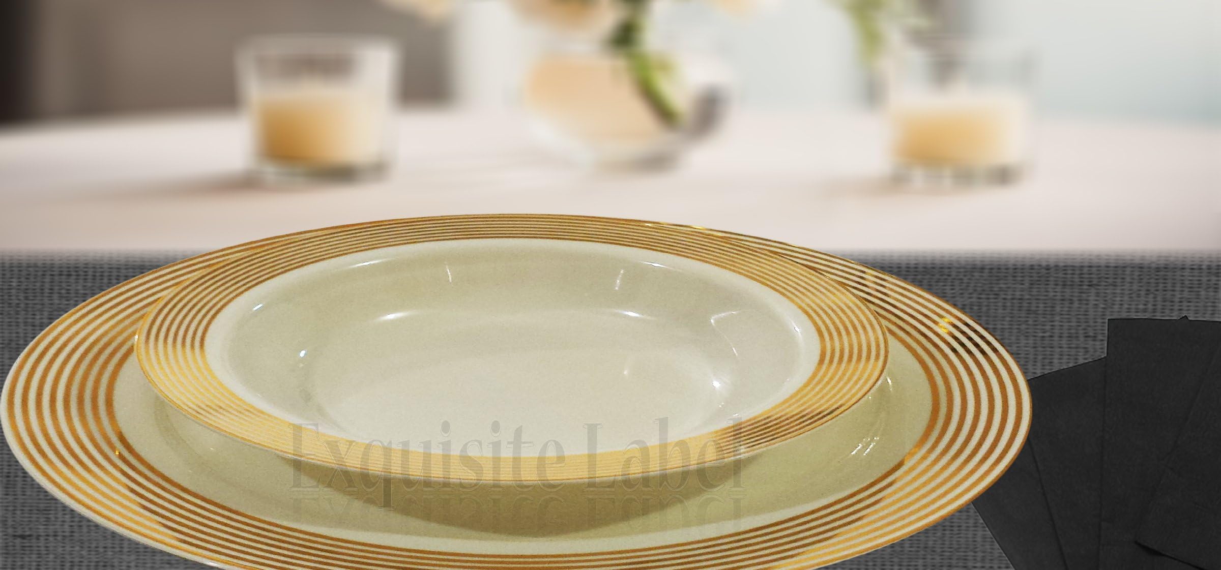 "Exquisite Label" Cream with Gold Heavyweight Plastic Elegant Disposable Plates, Wedding Party Elegant Dinnerware, Striped Collection (40, 10.25" Dinner Plates)