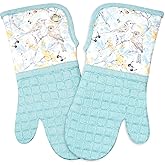 Silicone Printing Oven Mitts Heat Resistant to 500 Degree,Yarm-Dyed Oven Gloves with Animal Design Non-Slip for Kitchen Cooking Barbecue Baking and Machine Washable. (Light Blue Mitts)