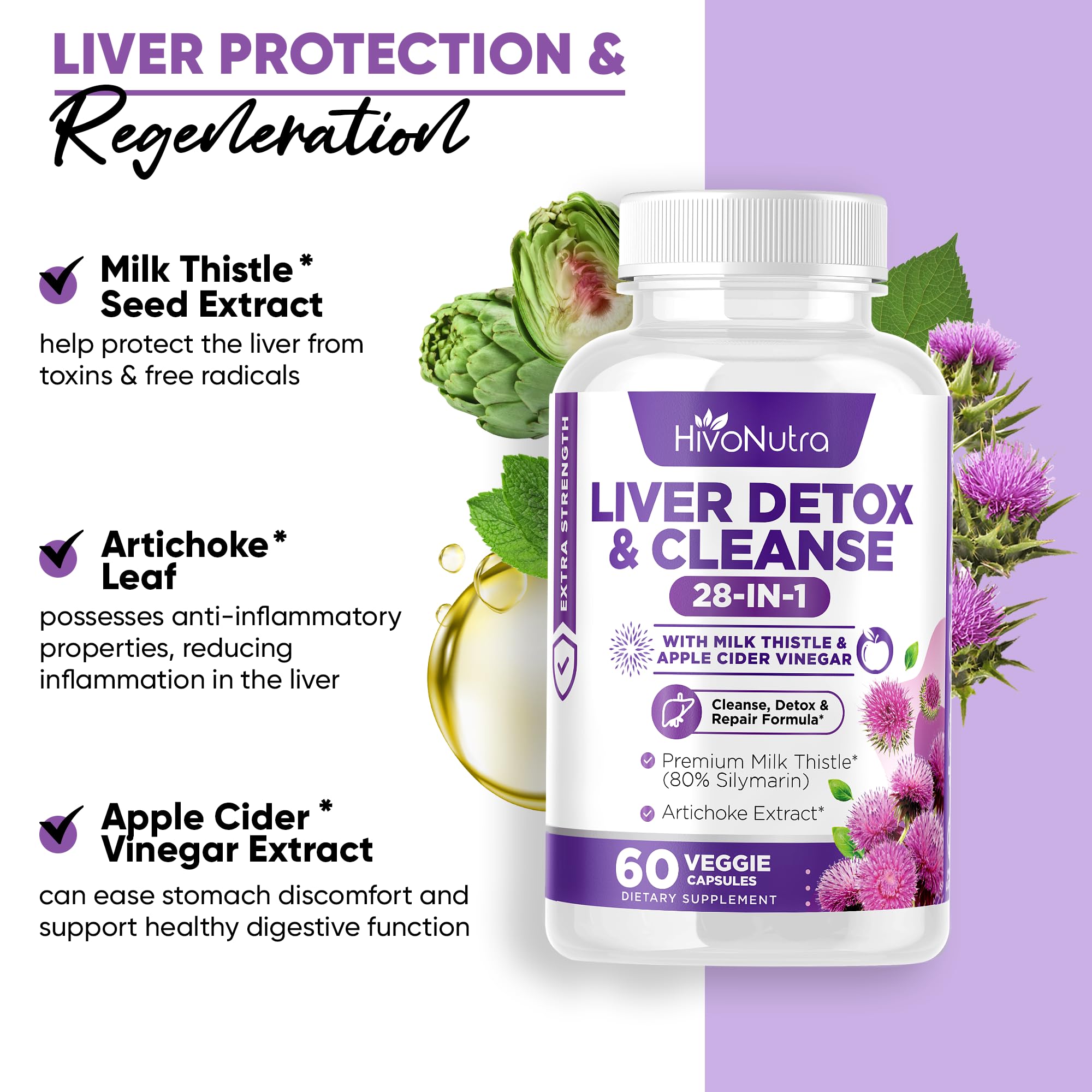 HivoNutra 28-in-1 Liver Cleanse Detox & Repair Supplement - Milk Thistle Silymarin, Artichoke Extract Dandelion & Apple Cider Vinegar, Astragalus - Liver Health Formula Support Pills Vegan Capsules