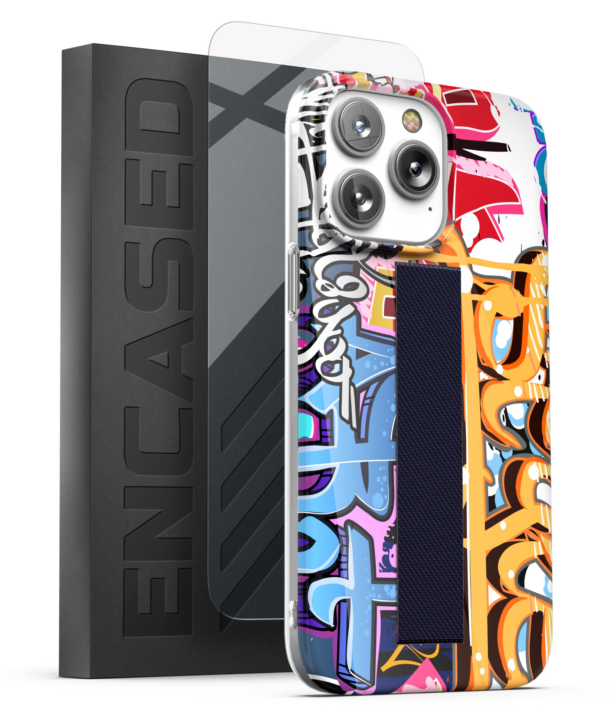 Encased Finger Loop Case Designed for iPhone 14 PRO MAX Case with Hand Strap and Screen Protector (Cool Graffiti Art)
