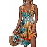 Yandino Summer Dresses for Women Casual Sleeveless Sundresses Elastic Waist Mini Sun Dress
