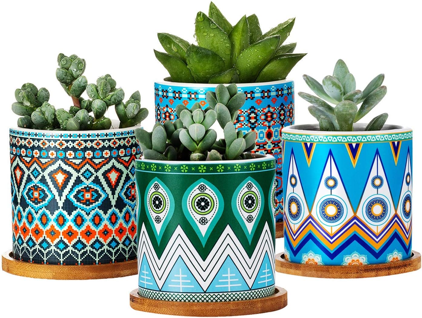 Succulent Plant Pots,3.2 Inch Cylinder Mandalas Style Ceramic Planter,Succulent Planting, with Drainage Hole, Bamboo Trays, Set of 4