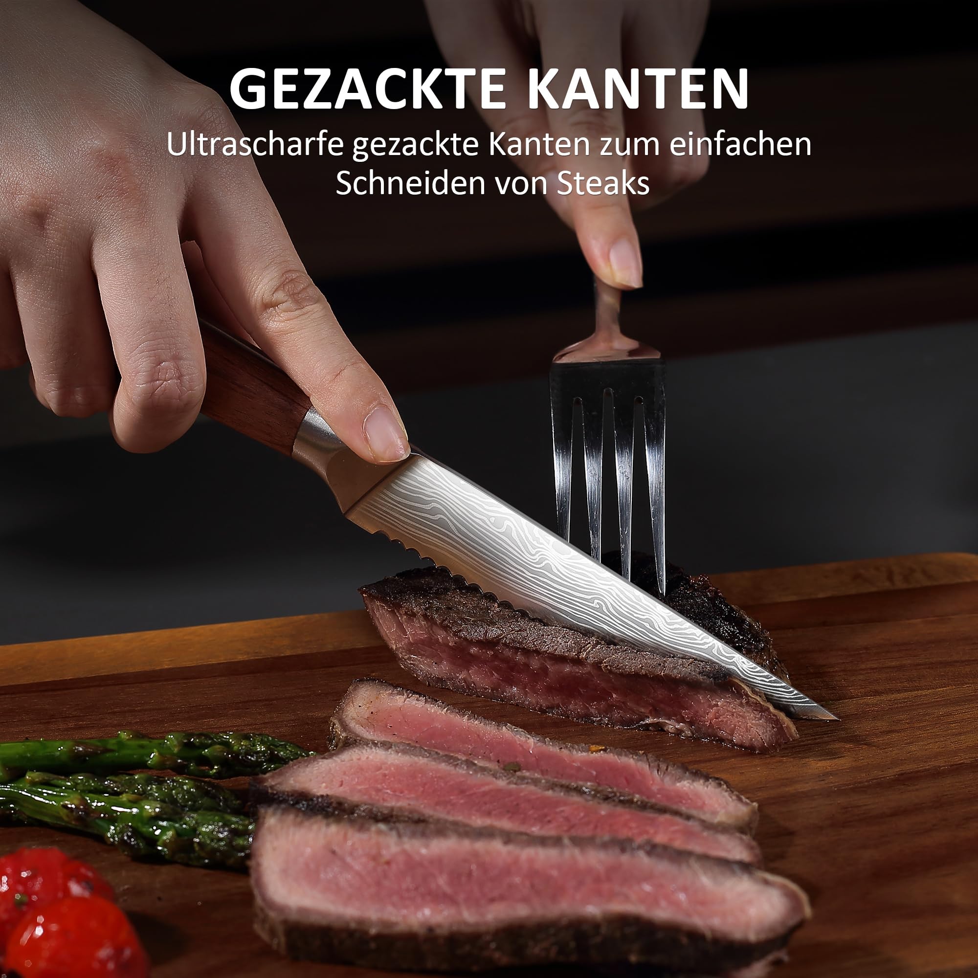 YOTSUBA Steakmesser Set 6-teilig, 12cm Küchen Steakbesteck Messer aus hochwertiger Deutscher Edelstahl, ultrascharfe Gezahnte Steak Küchenmesser und ergonomischer Holzgriff, Tafelmesser Geschenkbox 6
