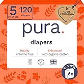 Pura Size 5 Eco-Friendly Diapers (24-35 lbs) Totally Chlorine Free (TCF), Hypoallergenic, Soft Organic Cotton, Sustainable, up to 12 Hours Leak Protection, Allergy UK, 6 Packs of 20 (120 Diapers)