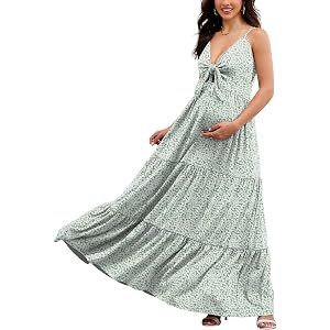 Bhome Maternity Summer Dress Bow Tie V Neck Floral Casual Sundress Bump Friendly Pregnancy Maxi Vacation Dress with Pockets