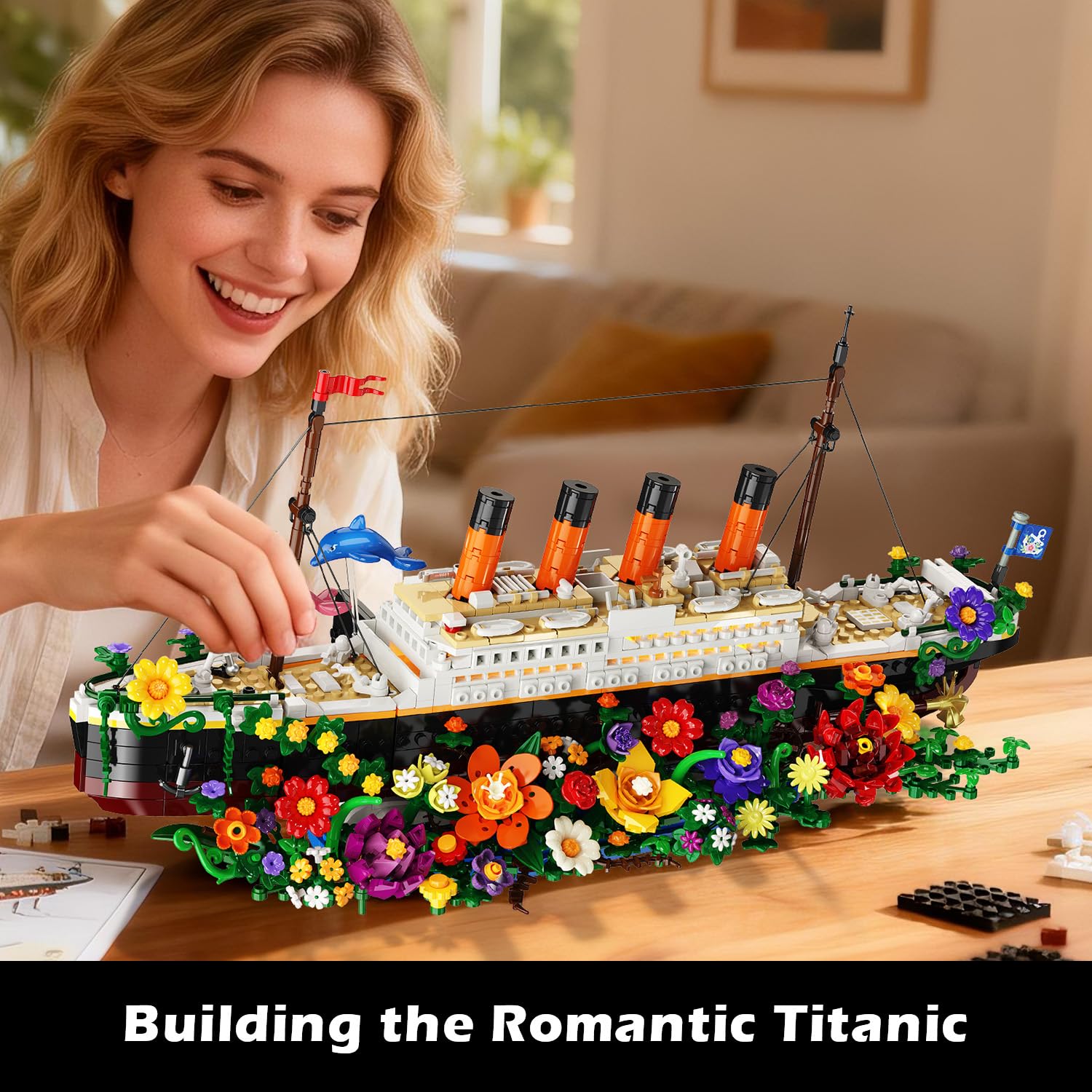 INSOON Blumen Titanic Bauspielzeug mit Licht, 1860 Stück Titanic Schiff Modell Klemmbausteine mit Blumen & Pflanzen, Deko Bausteine Geschenk für Erwachsene Jugendliche Jungen Mädchen ab 12 Jahren 2