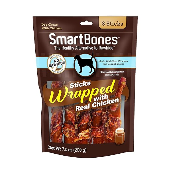 SMARTBONES CHICKEN-WRAPPED STICKS, TREAT YOUR DOG TO A RAWHIDE-FREE CHEW MADE WITH REAL CHICKEN AND PEANUT BUTTER 8 COUNT (PACK OF 1)