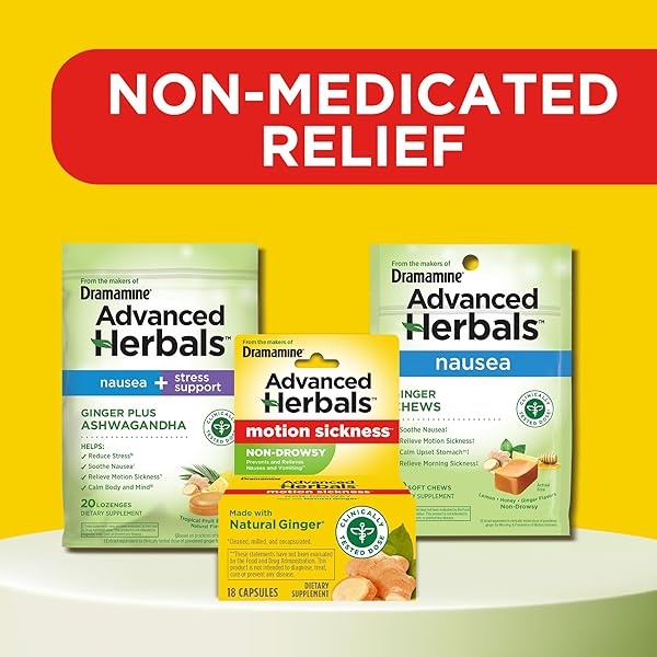 FROM THE MAKERS OF DRAMAMINE, ADVANCED HERBALS WITH NATURAL GINGER, FOR NAUSEA RELIEF, MORNING SICKNESS RELIEF & MOTION SICKNESS RELIEF DURING TRAVEL, 18 CAPSULES