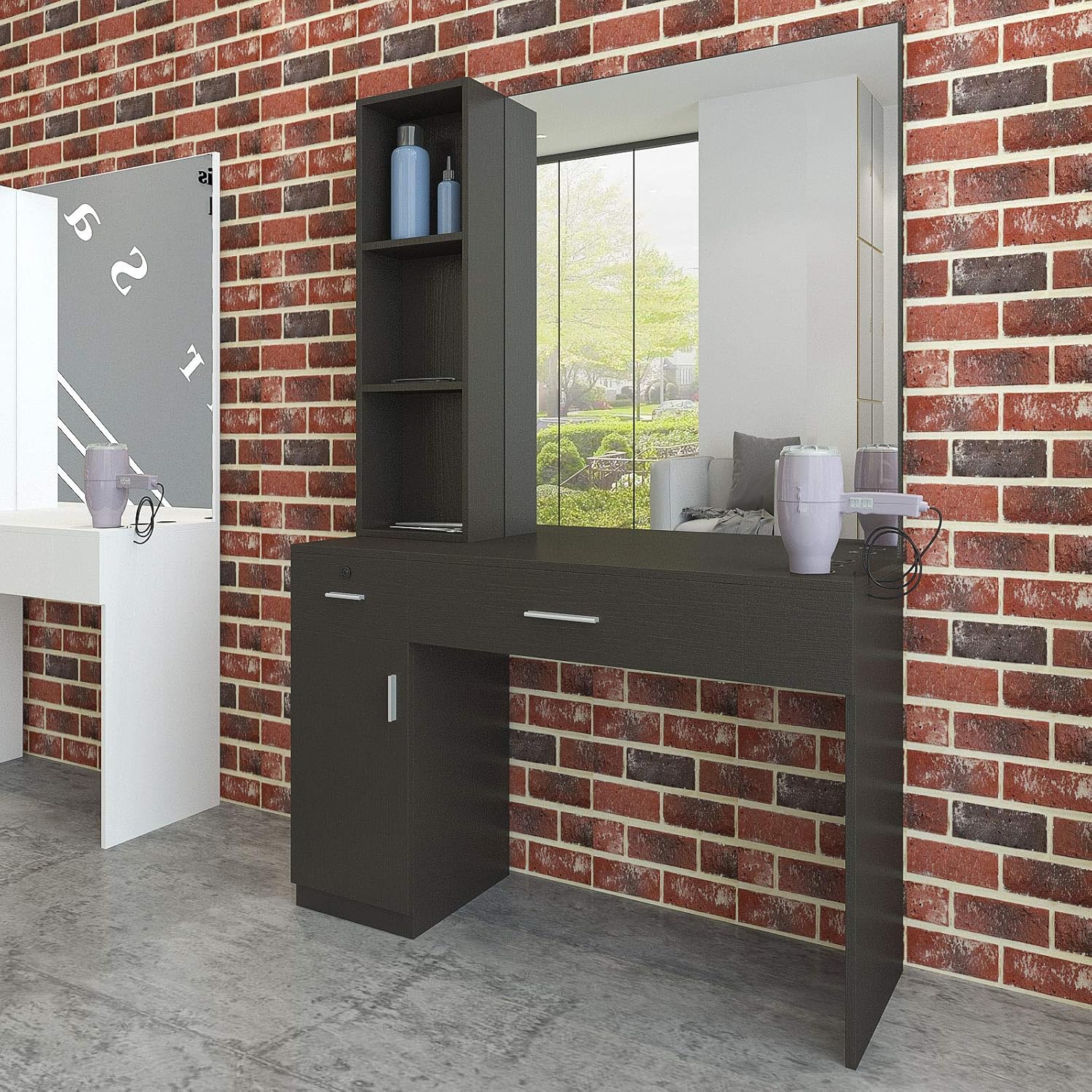 Artist Hand Wall Mount Salon Station Barber Stations Styling Station Barber Beauty Spa Salon Equipment Set with Mirror,Left Shelf (Black): Beauty