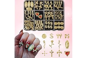ALGLEA 72pcs Gold Nail Charms Set with Cross, Bow, Rose, Hearts, Money, Flowers and Virgin Mary - Y2K 3D Gold Charms for Nail Decorations
