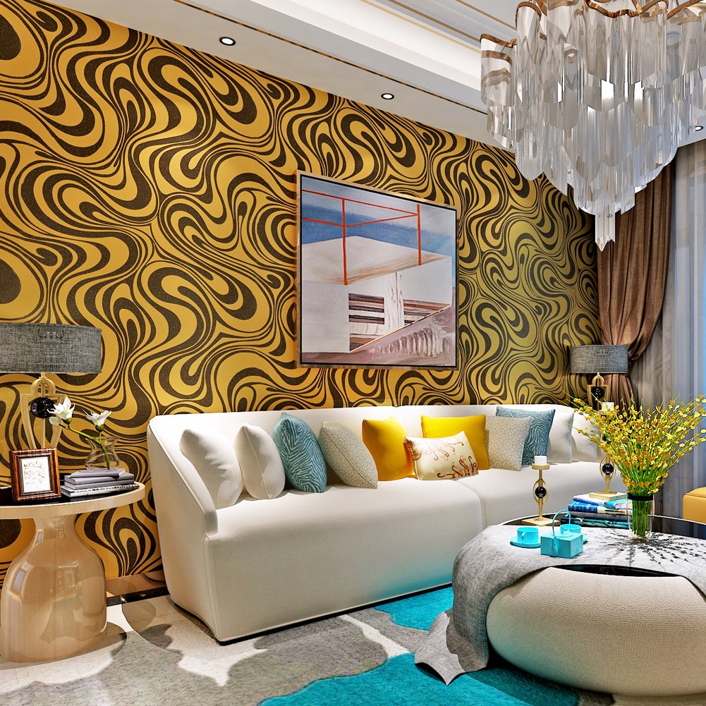HANMERO Modern Minimalist Abstract Curves Glitter Non-woven 3D Wallpaper For Bedroom Living Room TV Backdrop Golden & Black