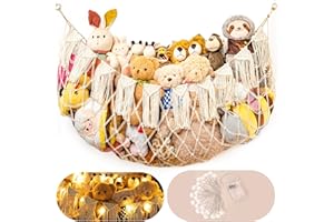MORCCO Stuffed Animal Hammock Net with Lights - Big Wall Hanging Stuffed Animal Storage for Plushies and Teddy Bears,Boho Macrame Toy Hammock Organizer Holder for Kids Boys Bedrooms Playroom Nursery （White）