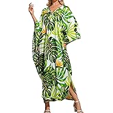 Woxscury Kaftan Dresses Colorful Floral Print Cover Ups Maxi Beach Cover Ups V Neck Batwing Sleeve for Women Swimwear