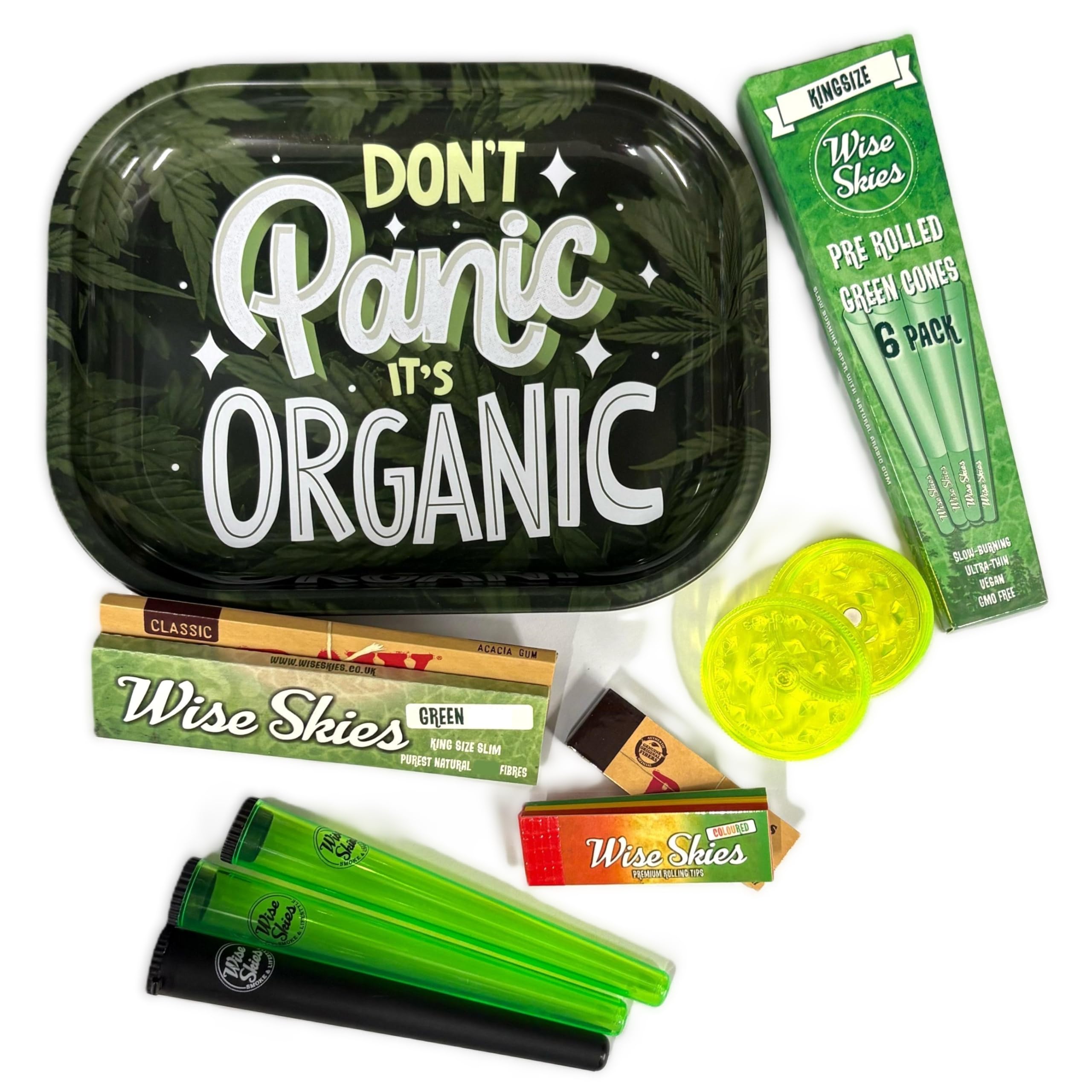 Wise Skies Dont Panic Its Organic Rolling Tray Gift Set Pre Rolled Cones