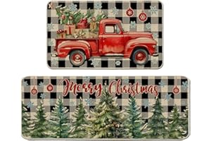 cusugbaso Christmas Kitchen Mats for Floor, Christmas Kitchen Rugs Set of 2 - Farmhouse Truck Black and White Buffalo Plaid Christmas Decor - Christmas Decorations for Home, Indoor 17"x27+17"x47"