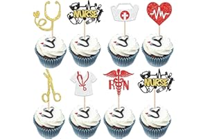 Rsstarxi Nurse Cupcake Toppers, 28 Pcs Medical Instruments Glitter Decorations for Nursing Graduation, Birthday Party Cake Supplies