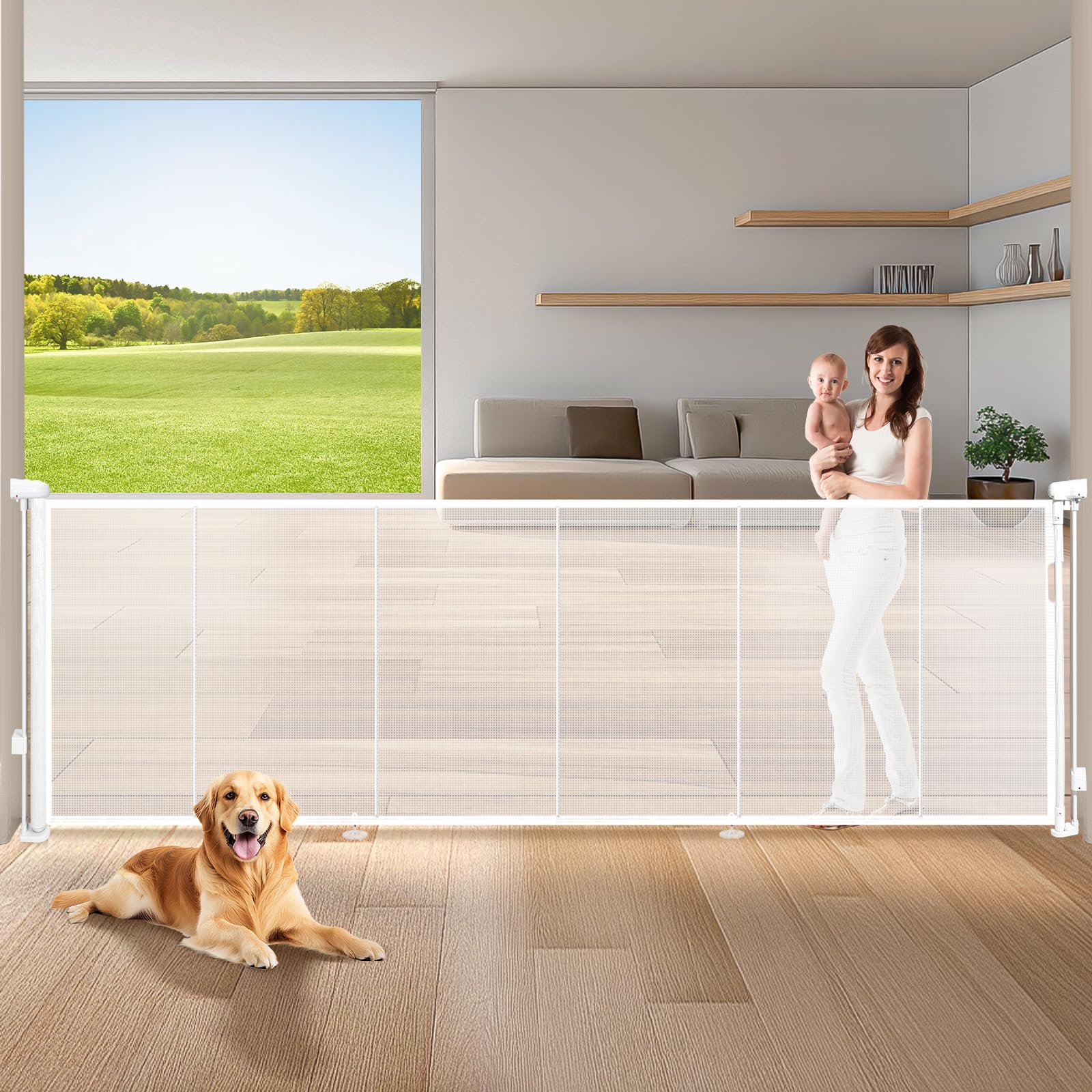Photo 1 of 120" Extra Wide Retractable Baby Gates Mesh Gate, Long Retractable Dog Gate for Large Opening, 42" Extra Tall Child Safety Gate Pet Gate with Support Rods for Stairs Hallways Doorways Indoor Outdoor