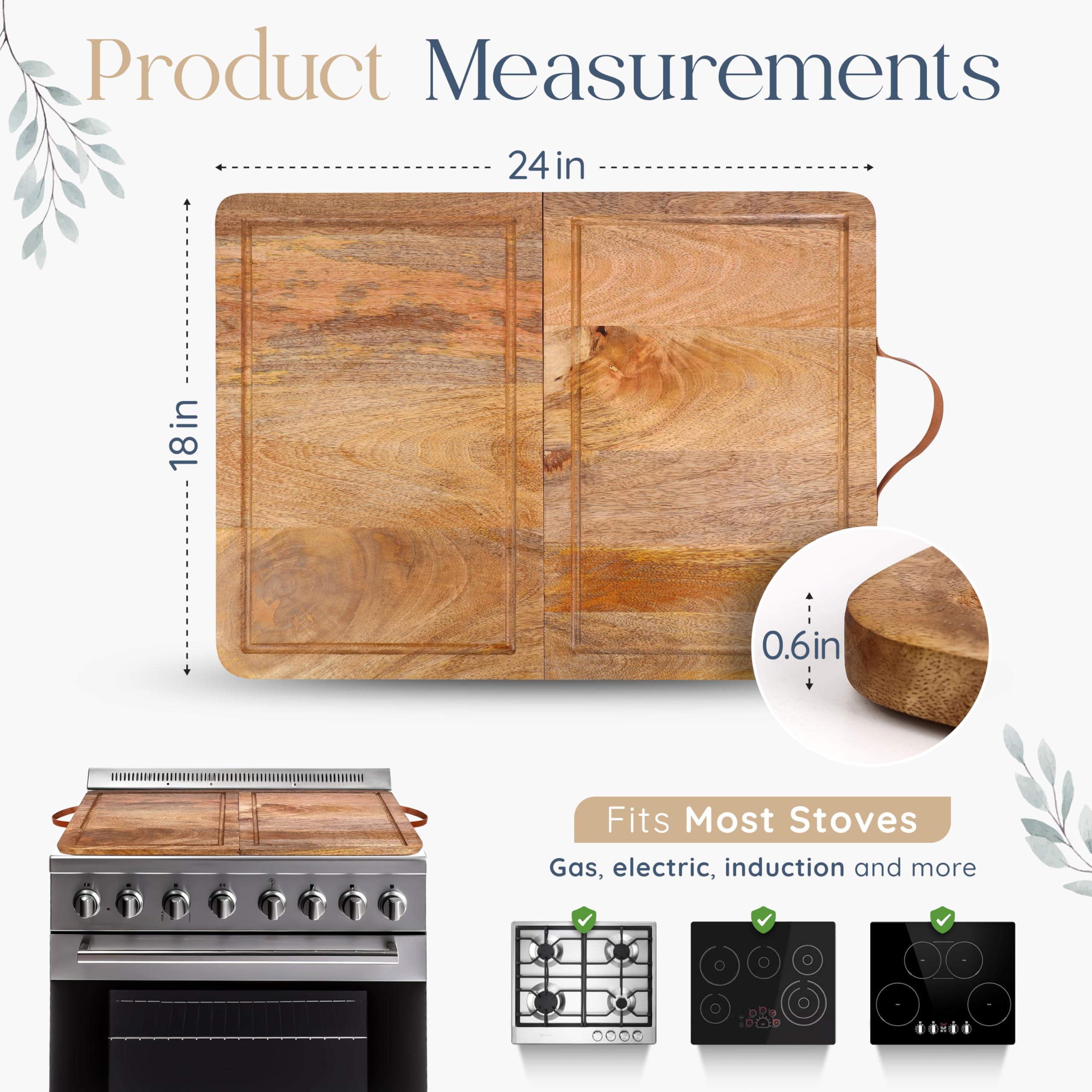 Wooden Stove Top Cover Board for Gas Burner & Electric Stove, Mango Wood Noodle Board Stove Cover with Handle for Gas Stovetop 4 & 5 Burners, Stove Top Cutting Board Oven Top Cover Cooktop Protector