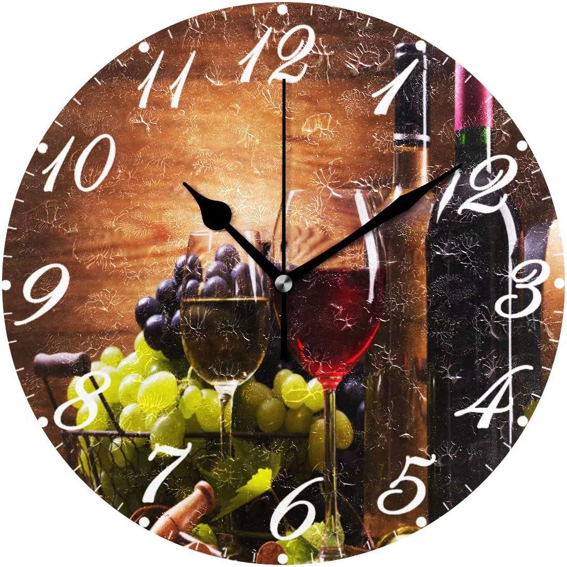 Pfrewn Wooden Wine Wall Clock Silent Non Ticking Round Grape Floral Retro Clocks Battery Operated Watercolor Vintage Desk Clock 10 Inch Quartz Analog Quiet Bedroom Living Room Home Decor