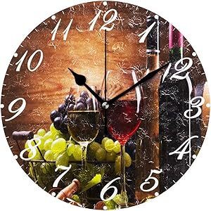 Pfrewn Wooden Wine Wall Clock Silent Non Ticking Round Grape Floral Retro Clocks Battery Operated Watercolor Vintage Desk Clock 10 Inch Quartz Analog Quiet Bedroom Living Room Home Decor