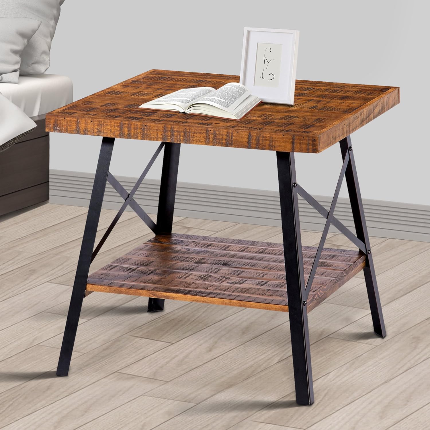 Olee Sleep 24” Solid Wood & Dura Metal Legs End Table, Rustic Brown