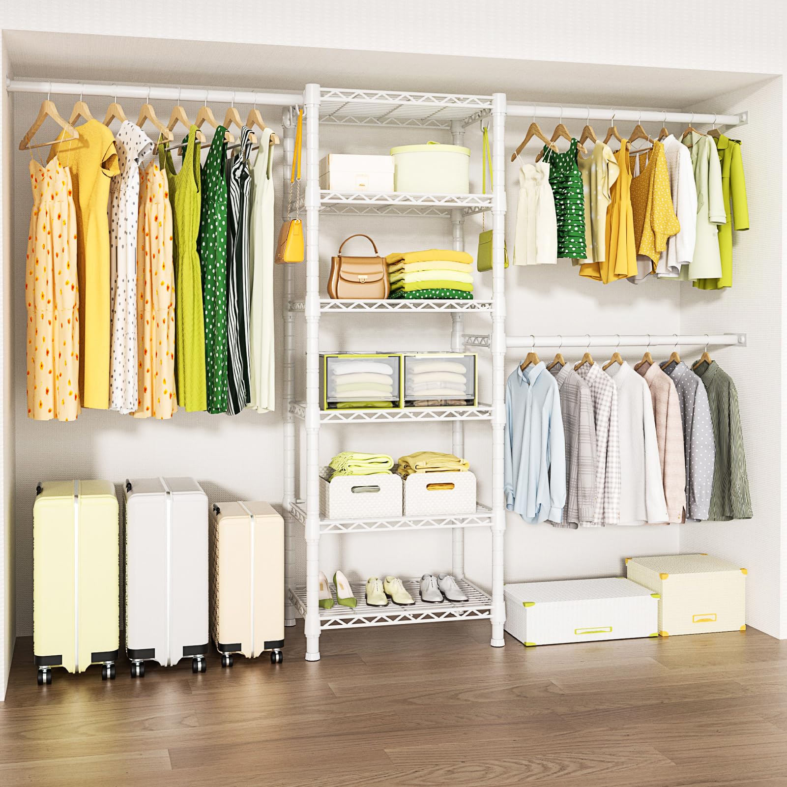 Photo 1 of **MISSING HARDWARE**Ulif M5 Wall Mounted Clothes Garment Rack, Heavy Duty Closet Storage and Organizer with 6 Shelves and 3 Expandable Hanger Rods, Space Saver Suit (46.2-102.4)" W x 14" D x 83.1" H, White