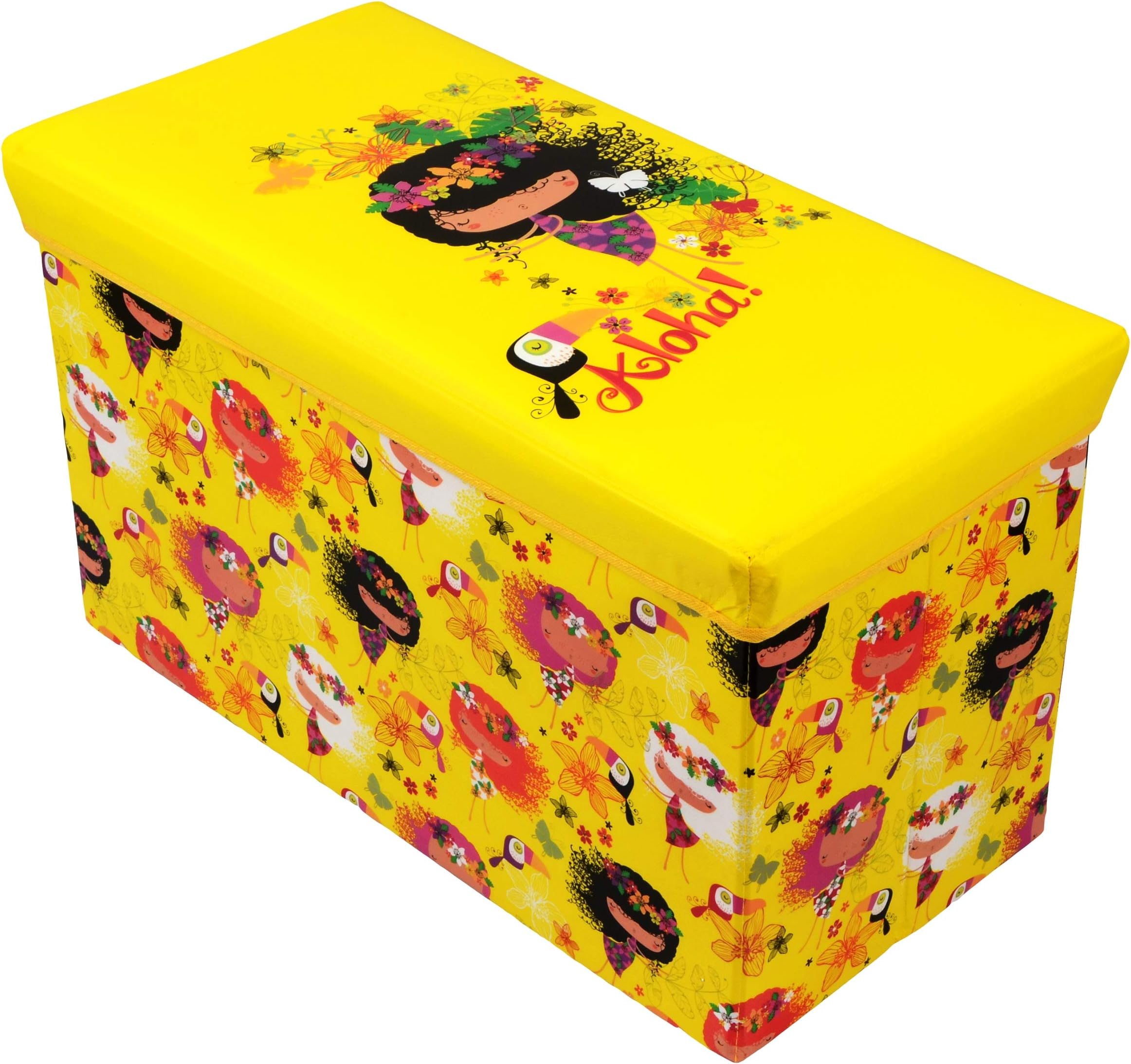 Baby Grow Children Storage Box Folding Stool Under Lid Padded Seat Large (Yellow Aloha)