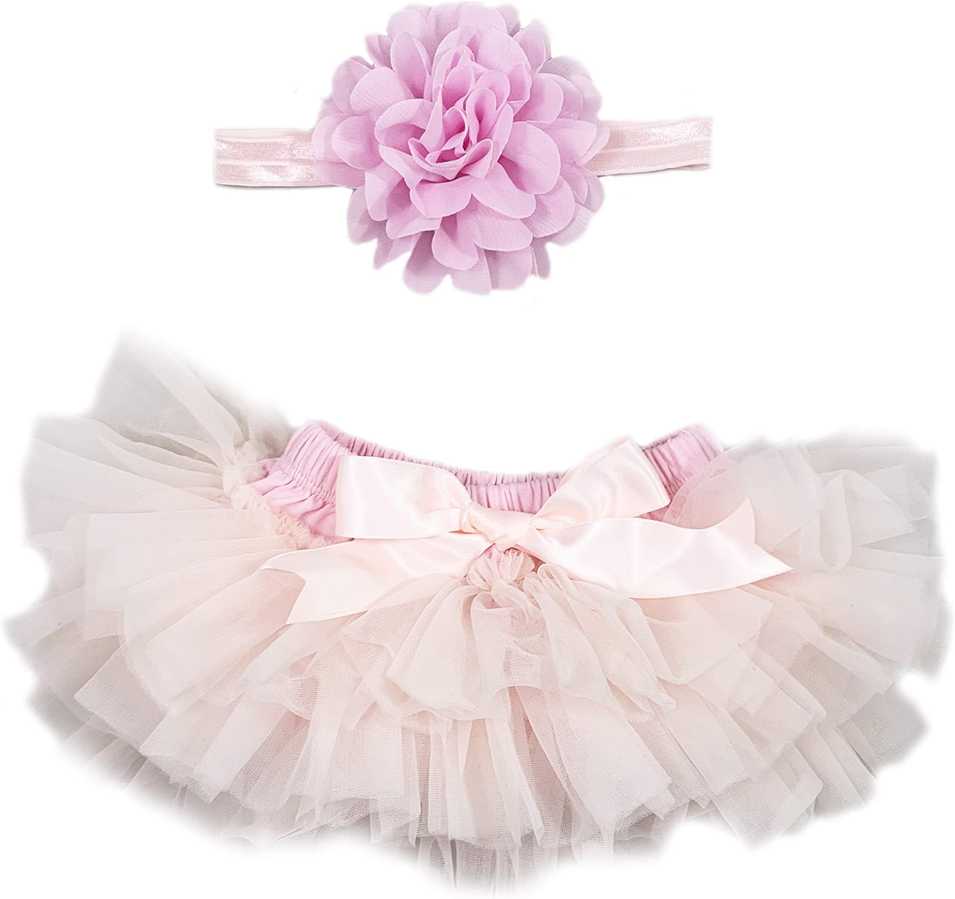 Ruffle Tutu Bloomer & Lace Flower Infant Headband Set, Newborn Baby Girl, Ballet Pink
