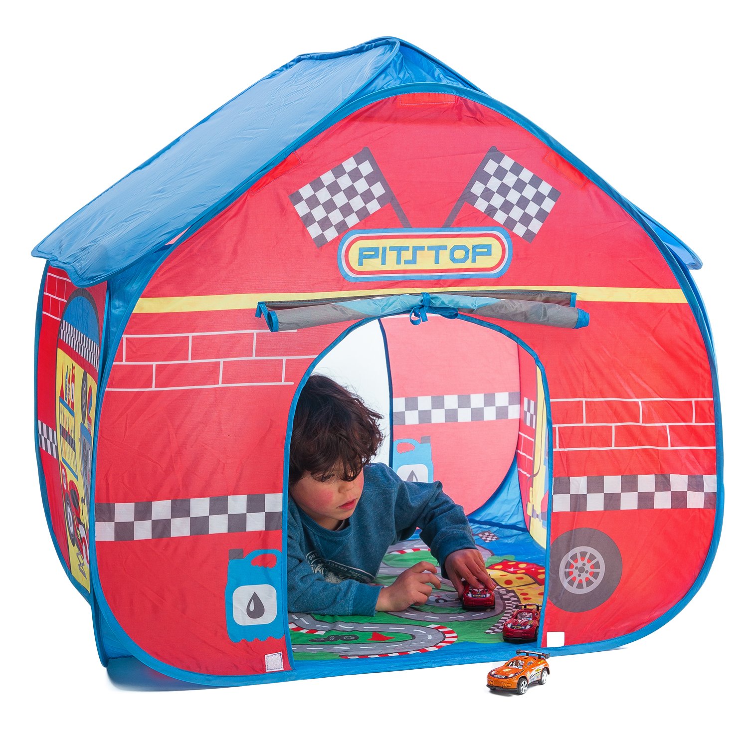 Pop It Up Pit Stop Tent with Race Mat Playhouse Fun2Give, Front & Back Doors, Spacious Interior, Pretend Play, Toddlers & Kids Ages 3+