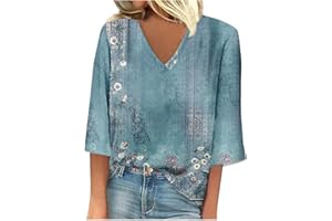 NAMTYQX Shirts for Women Trendy Summer Loose 3/4 Sleeve Shirts Casual Lace V Neck Dressy Tops Vacation Boho Floral Blouses