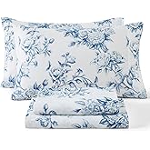 HLC.ME Rose Toile Floral Bed Sheets - 4 Piece Bed Sheet Set - Wrinkle Resistant & Ultra Soft - Fits Mattresses up to 15 Inches Deep (Queen, Blue)