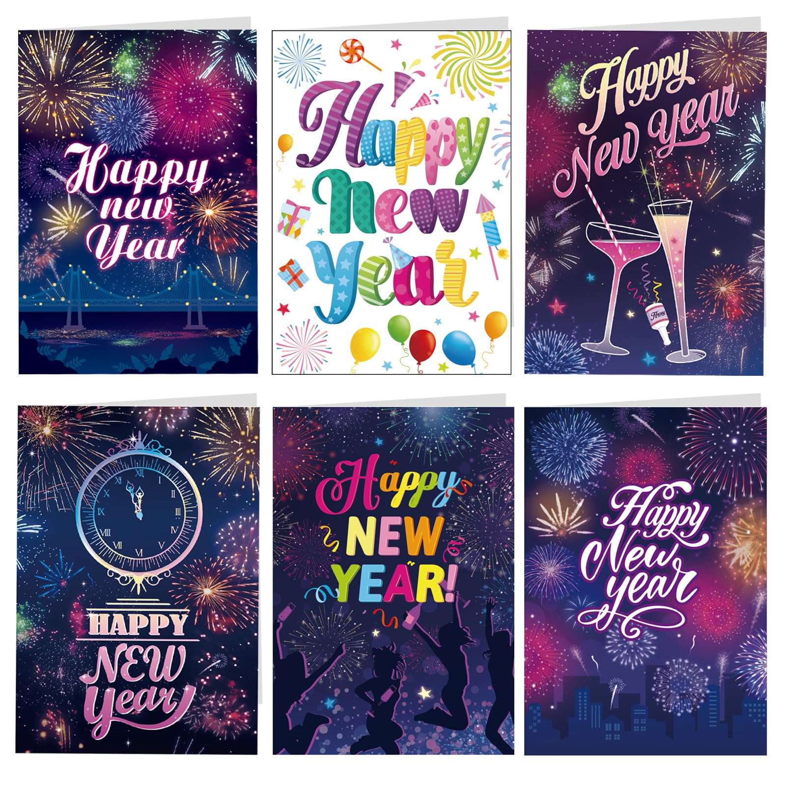 DPKOW Happy New Year Cards 2026 with Envelopes，Folding Colorful New Year Cards for 2026 NYE Party Supplies，6pcs