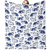 Zzkol Blue White Cat Flannel Throw Blanket, Cute Yarn Ball Birthday Gifts for Kids Men Women Pet Owner Lover, Vintage Soft Blankets for Bedding Sofa 50" x 60"
