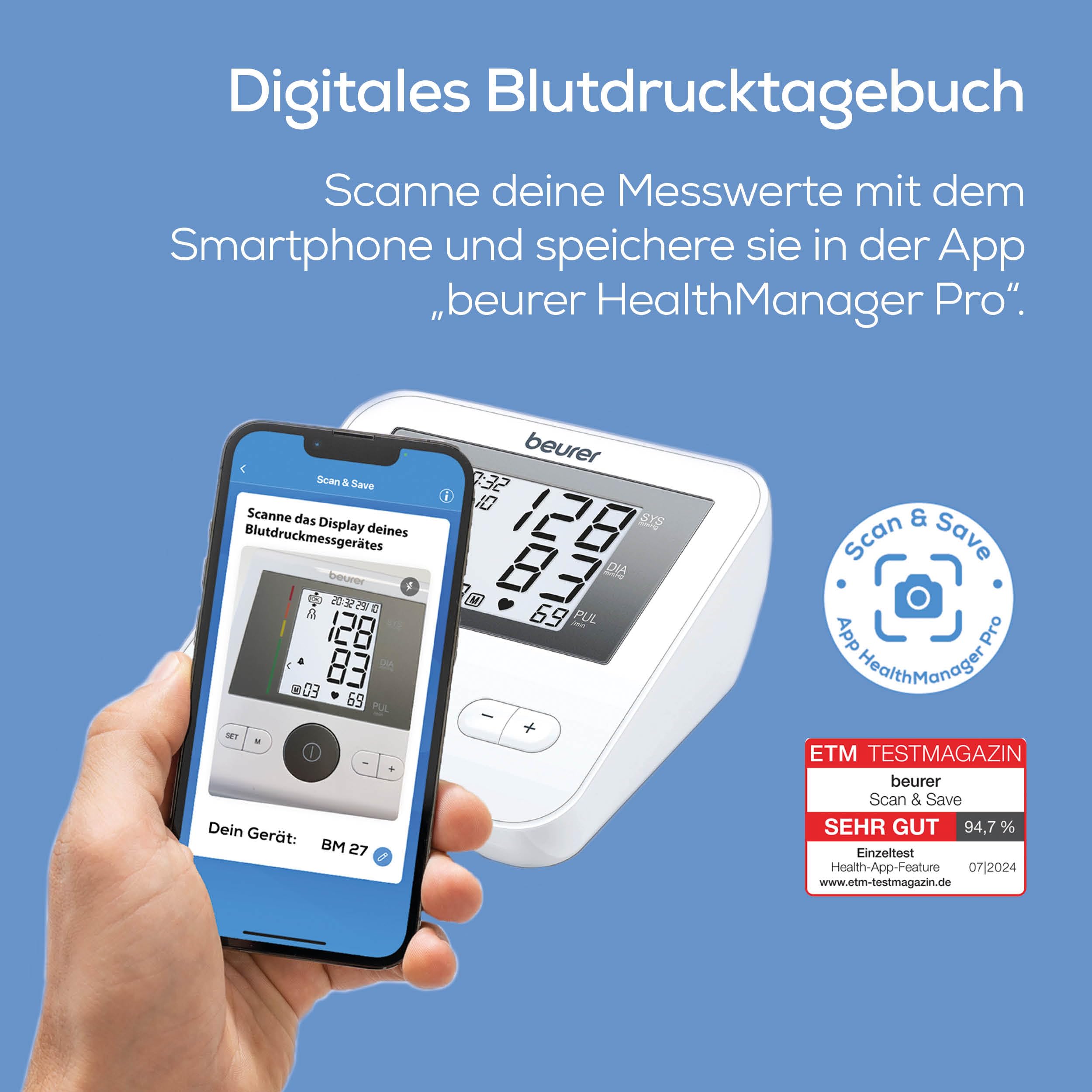 Beurer BM 27 Oberarm-Blutdruckmessgerät mit Manschettensitzkontrolle, klinisch validiert, Manschette für 22-42 cm, Risikoindikator, Arrhythmie-Erkennung, Datenübertragung zu Apple Health und co. 5