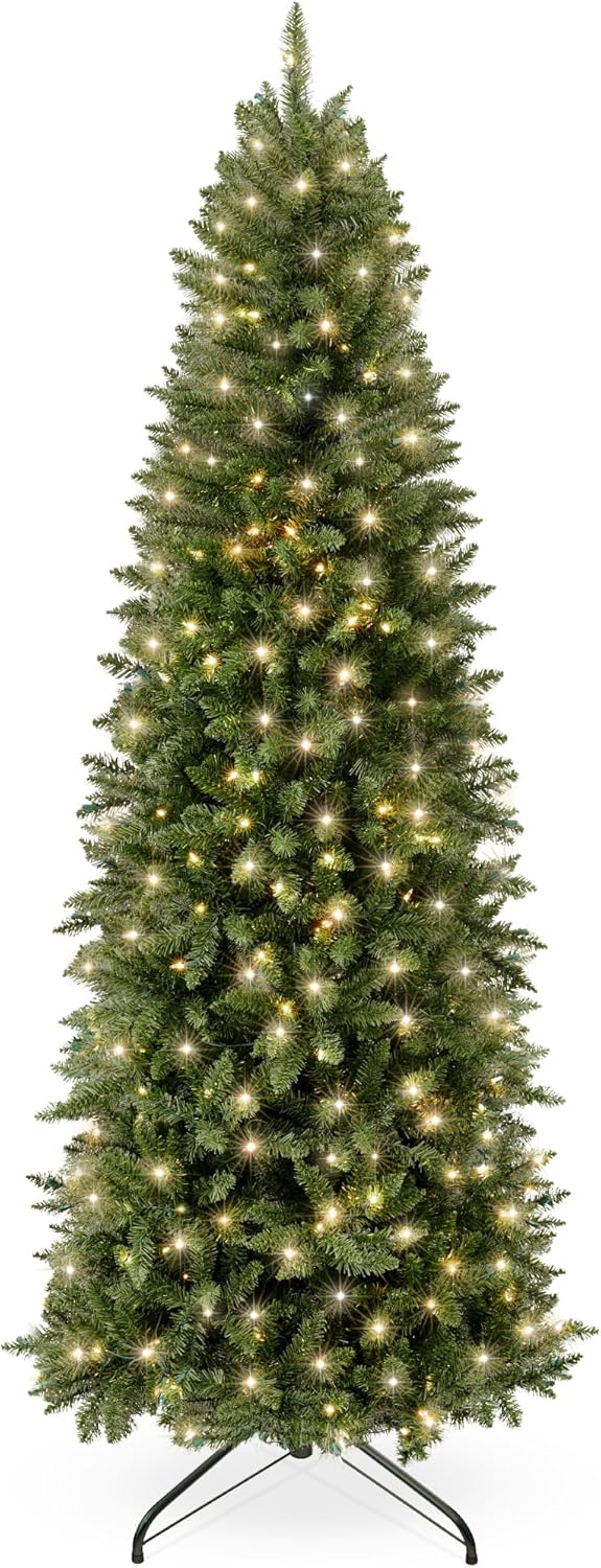 Trees - Best Choice Products 6ft Pre-Lit Pencil Christmas Tree, Skinny Spruce Slim Holiday Decoration w/ 618 Tips, 250 Incandescent Lights, Metal Hinges & Base