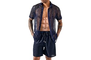 LecGee Men Summer Casual Short Sets Lace Short Sleeve Button Down Shirt Elastic Waist Shorts 2 Piece Outfits Tracksuit