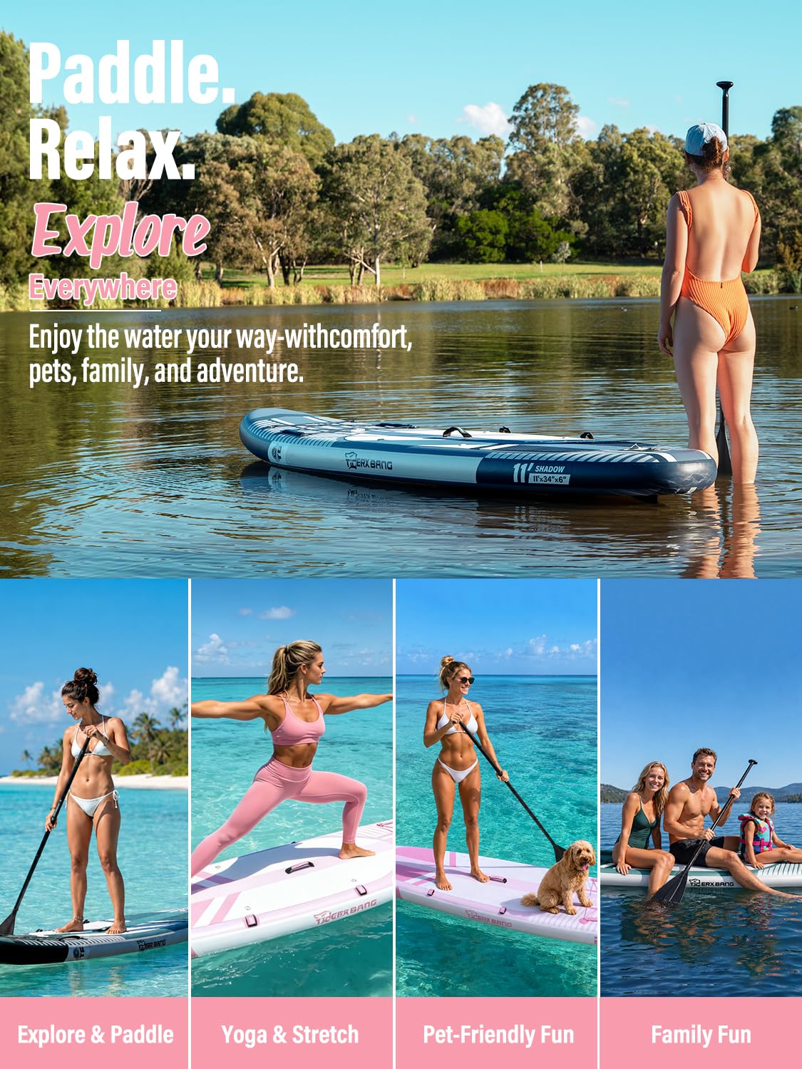 TIGERXBANG Aufblasbares Stand-Up-Paddle-Board mit Zubehör 335 × 86 × 15 cm, SUP Board für Erwachsene, Kollektion Shadow Rosa 6