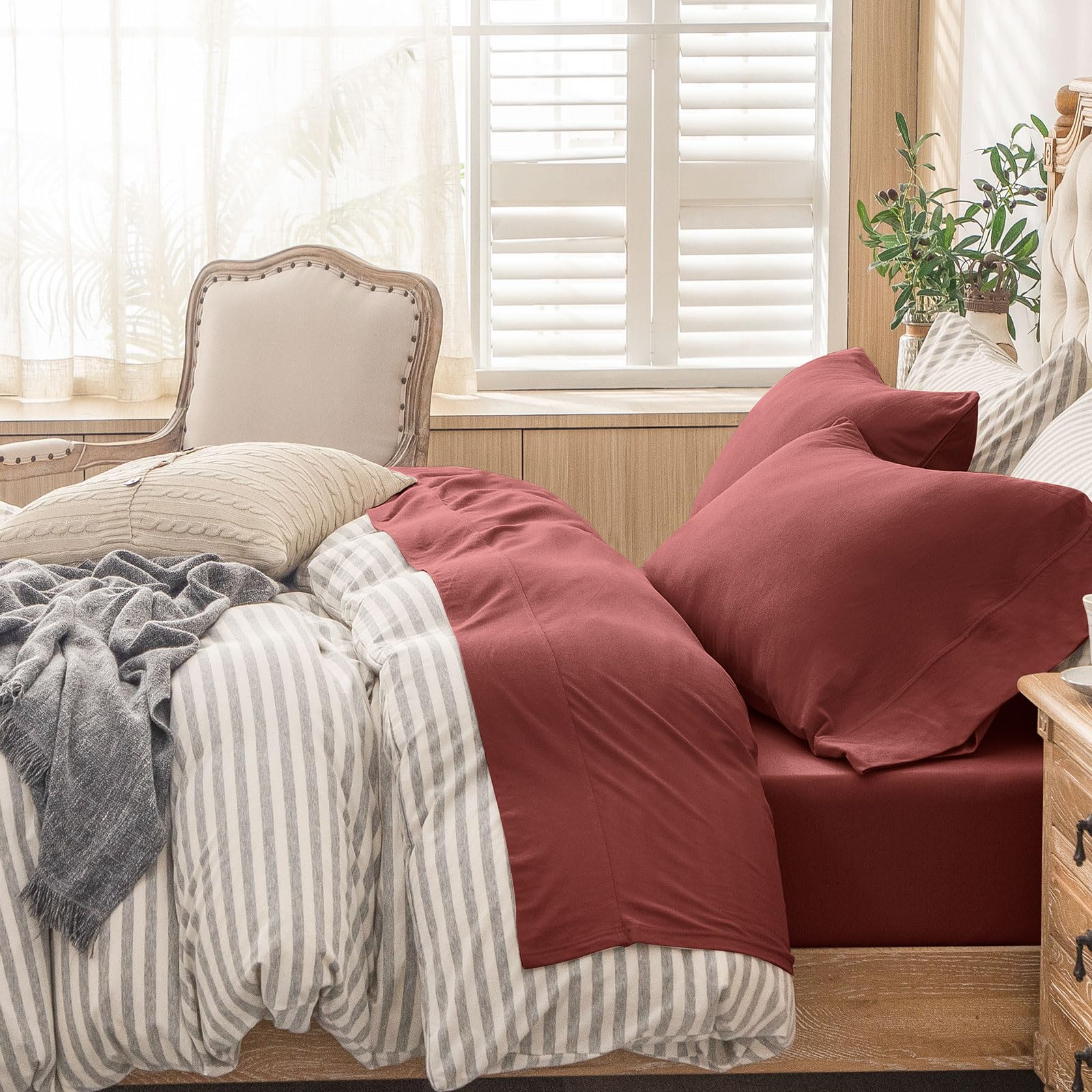 Photo 1 of PURE ERA Jersey Knit 4pc Bed Sheet Set 100% T-Shirt Cotton Super Soft Comfy Breathable Fits Mattress Up to 20" Extra Deep Pocket (Solid Brick Red, Queen)