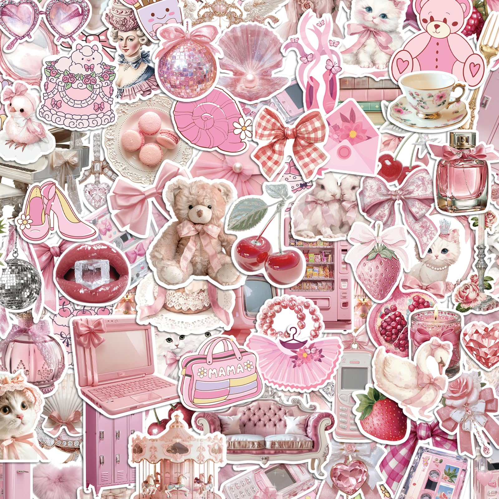 200 PCS Coquette Stickers, Pink Aesthetic Waterproof Vinyl Stickers for Girls, Preppy Sticker for Laptop, Water Bottles, Guitar Computer