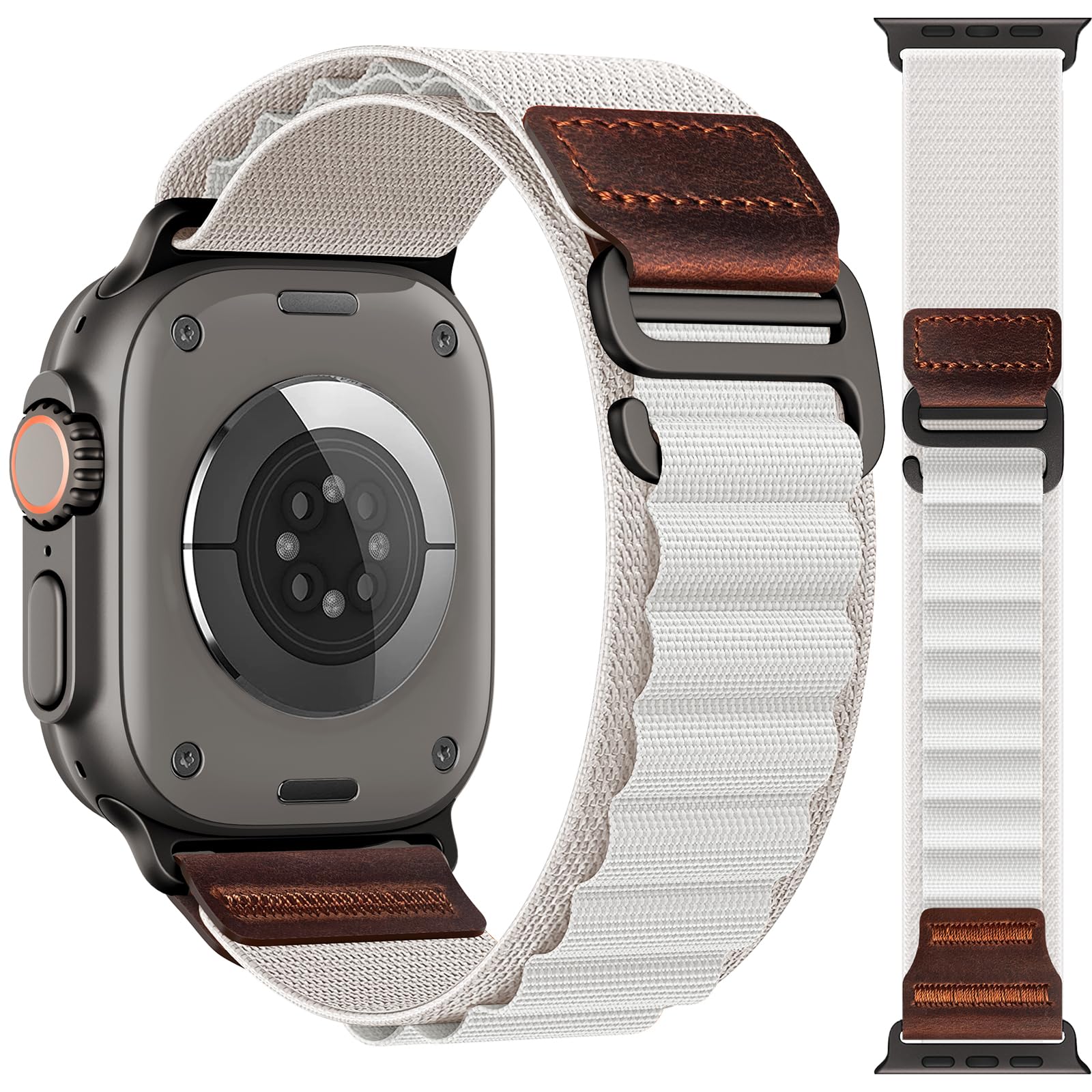 MRAIN-H Alpine Loop with Leather Design Compatible with Apple Watch Bands Ultra 3 2 1 (49mm) & Series 11 10 9 8 7 6 5 4 SE 3 2 1 (46mm 45mm 44mm), Soft Stretchy Nylon Sport Band for iWatch Men Women