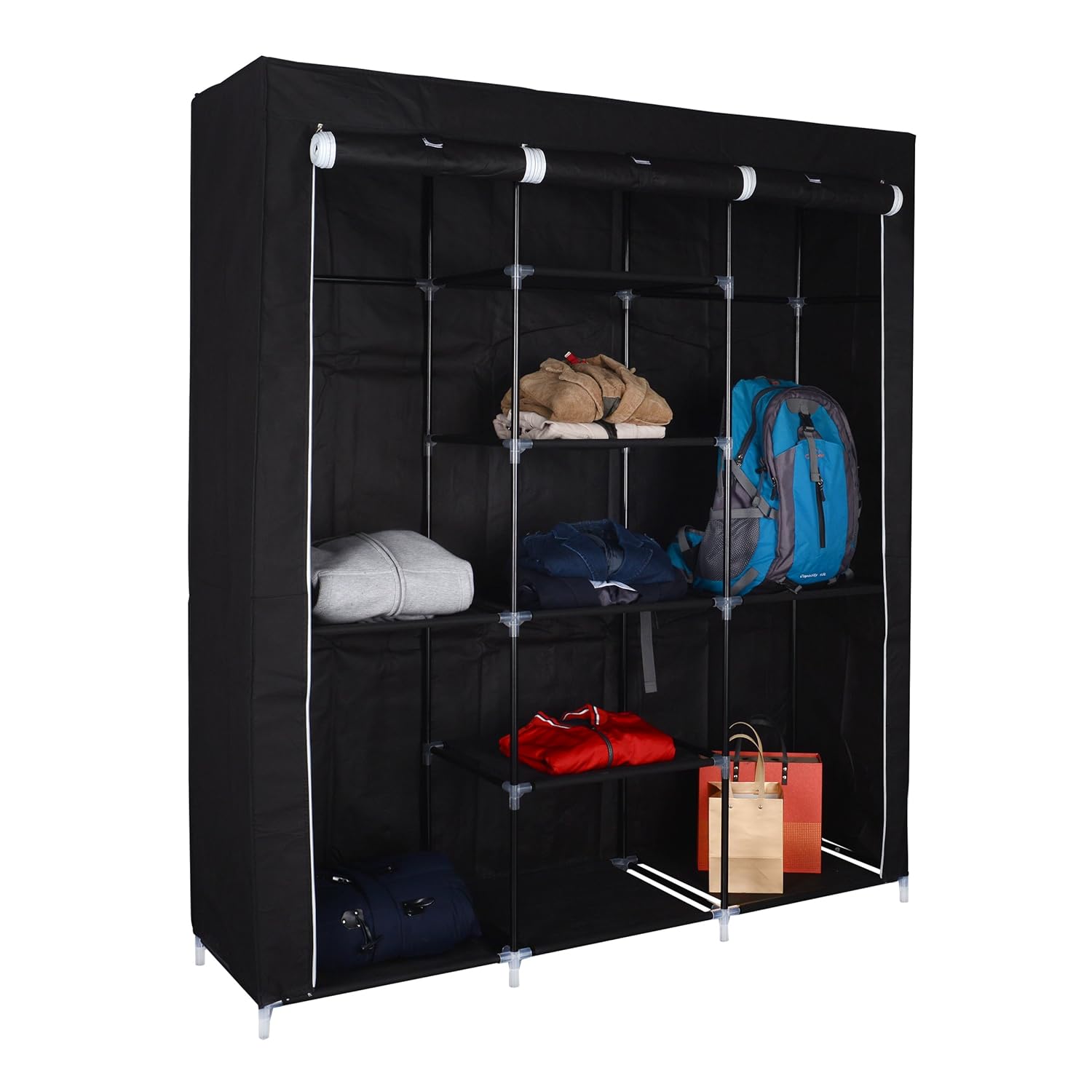 Victual Black Canvas Wardrobe by [HARIMA] 3 Door Fabric Wardrobe and Organiser with Clothes
